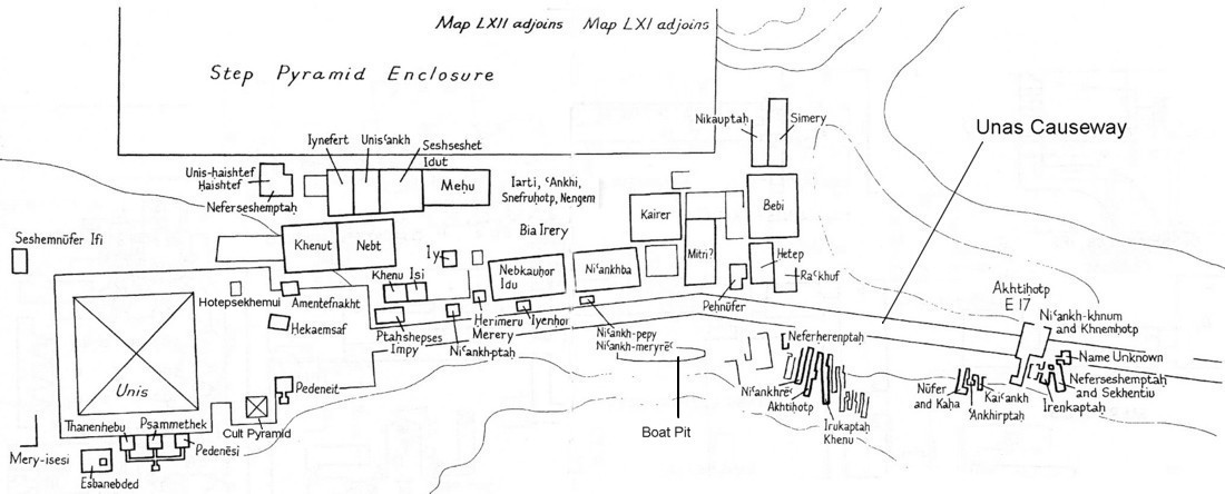 Best map I could find of these Unas causeway tombs. Source